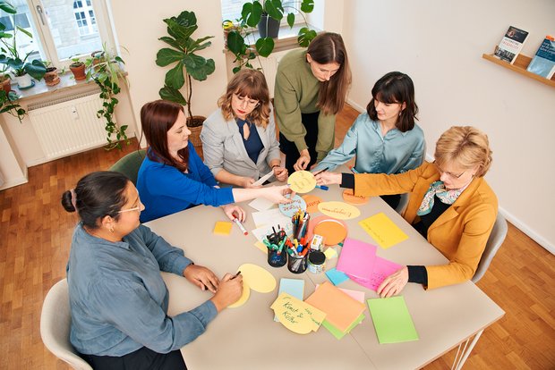 6 Frauen sind um einen Tisch versammelt, sie arbeiten zusammen an bunten Karteikarten.